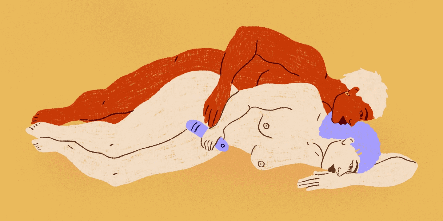 Illustration of two people spooning and the little spoon is using a wand vibrator